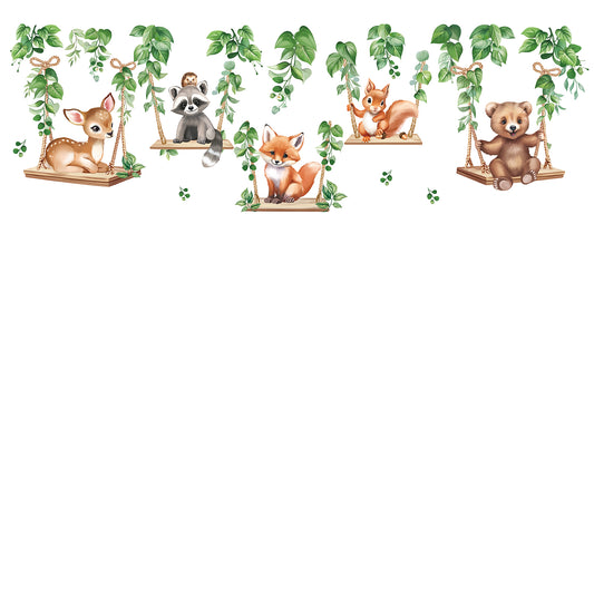 wondever Woodland Animal on Swings Wall Stickers Baby Bear Deer Fox Leaves Peel and Stick Wall Art Decals for Children Nursery Kids Bedroom Living Room