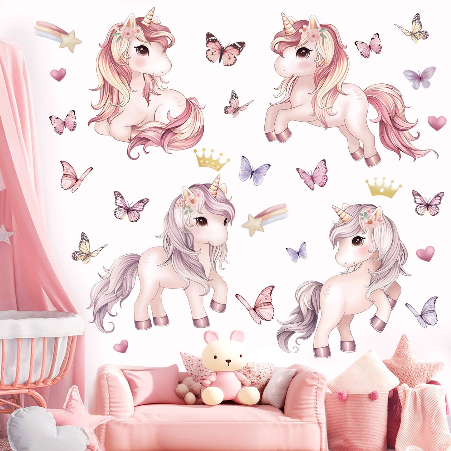 wondever Unicorn Butterfly Wall Stickers Pink Unicorn Rainbow Heart Peel and Stick Wall Art Decals for Girls Bedroom Kids Room Baby Nursery