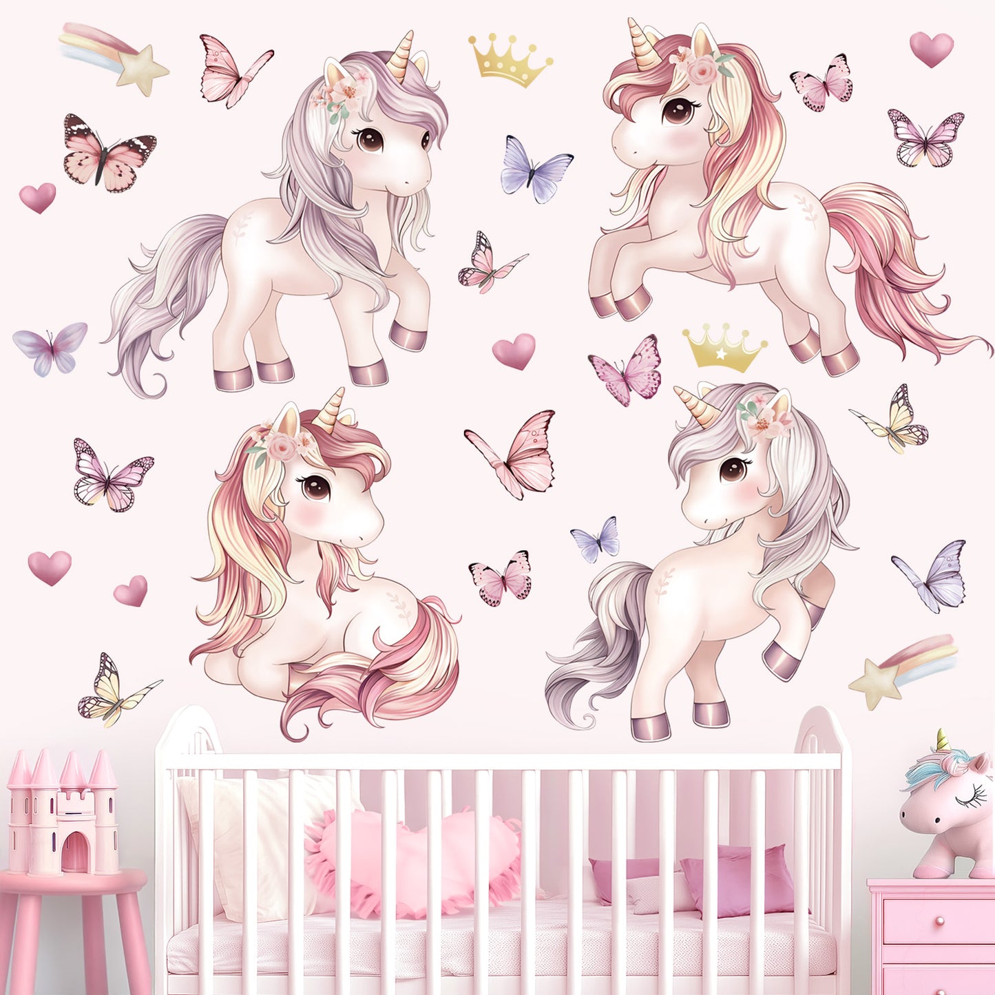 wondever Unicorn Butterfly Wall Stickers Pink Unicorn Rainbow Heart Peel and Stick Wall Art Decals for Girls Bedroom Kids Room Baby Nursery
