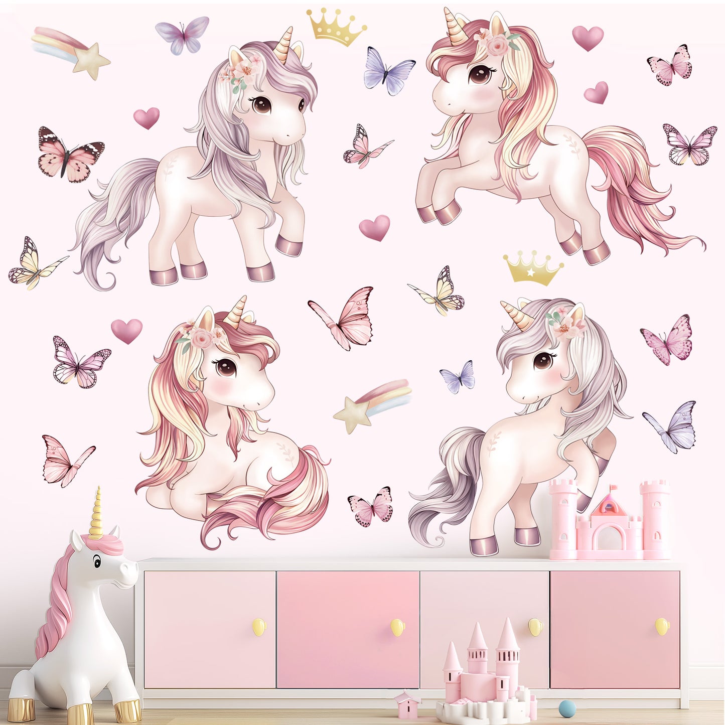 wondever Unicorn Butterfly Wall Stickers Pink Unicorn Rainbow Heart Peel and Stick Wall Art Decals for Girls Bedroom Kids Room Baby Nursery